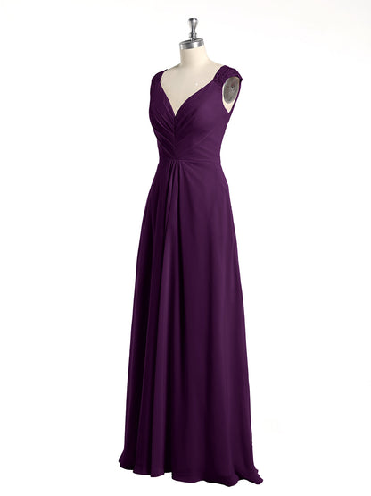 Lace Straps V-neck Chiffon Dresses with Pockets-Grape