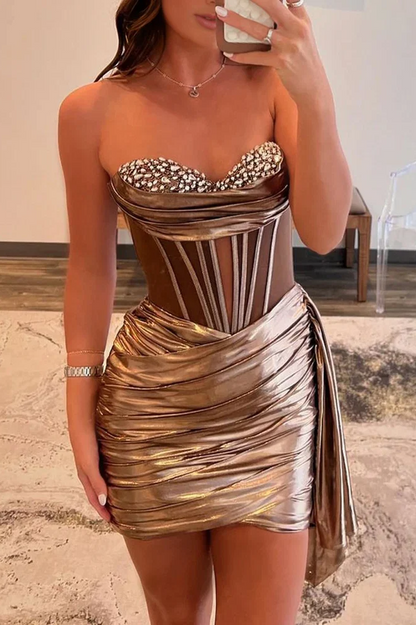 Metallic Strapless Beads Pleats Tight Sweetheart Short Homecoming Dress
