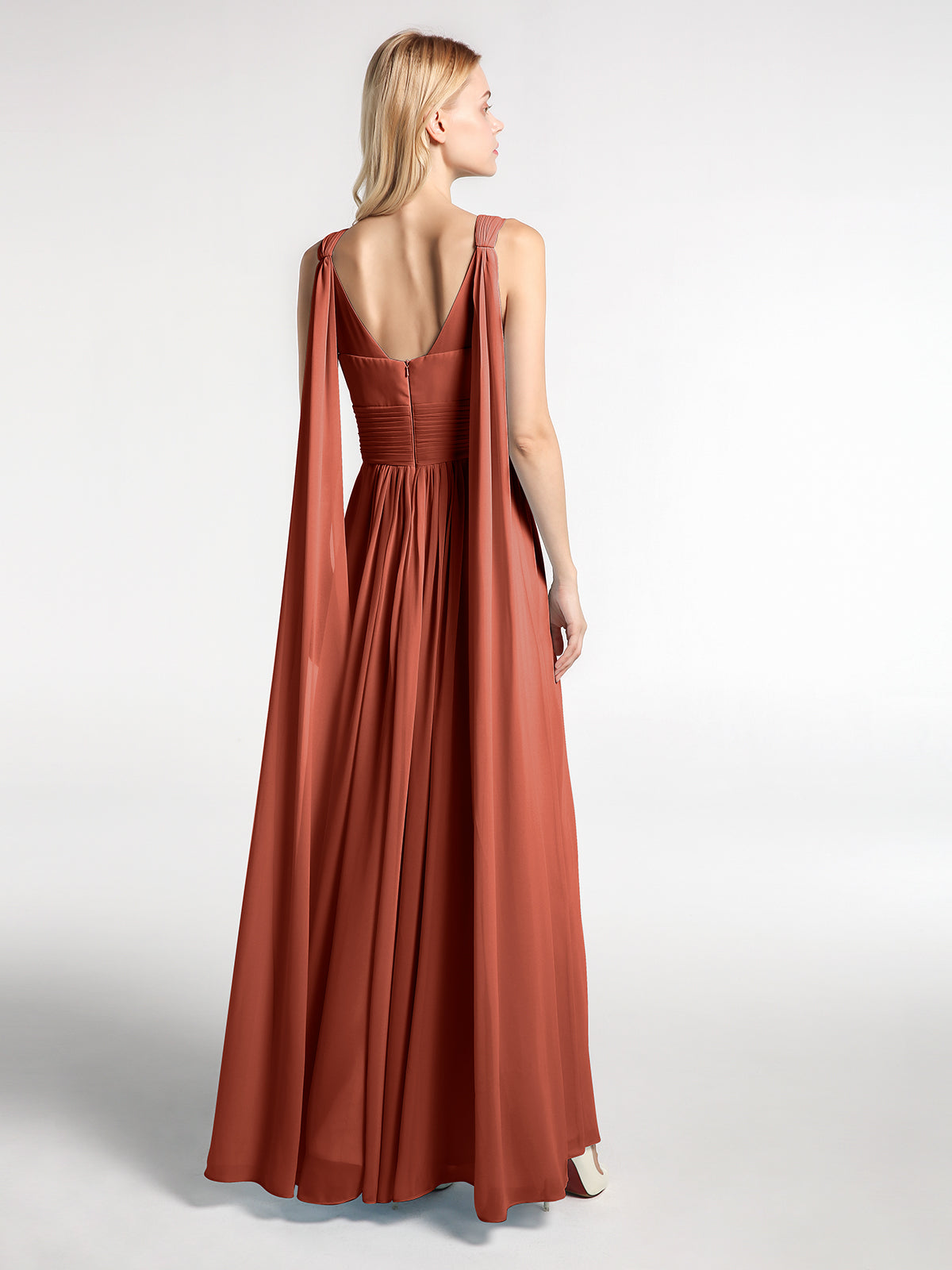 V-neck Chiffon Gown with Streamer at Back Strap-Rust