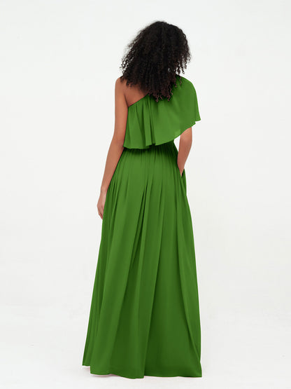 One Shoulder Long Chiffon Dresses with Pockets-Moss