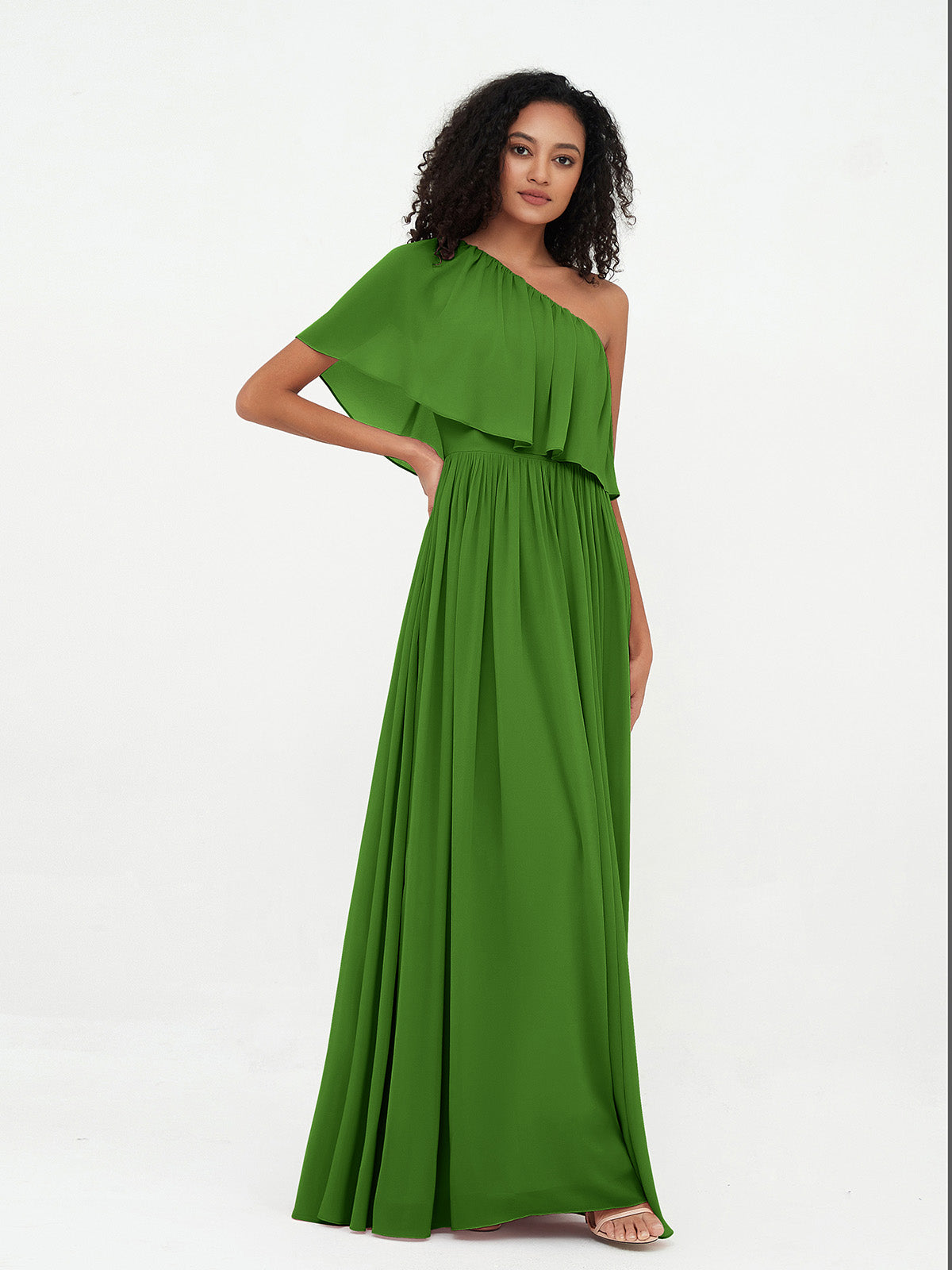 One Shoulder Long Chiffon Dresses with Pockets-Moss