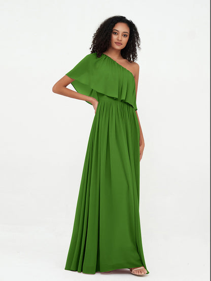 One Shoulder Long Chiffon Dresses with Pockets-Moss