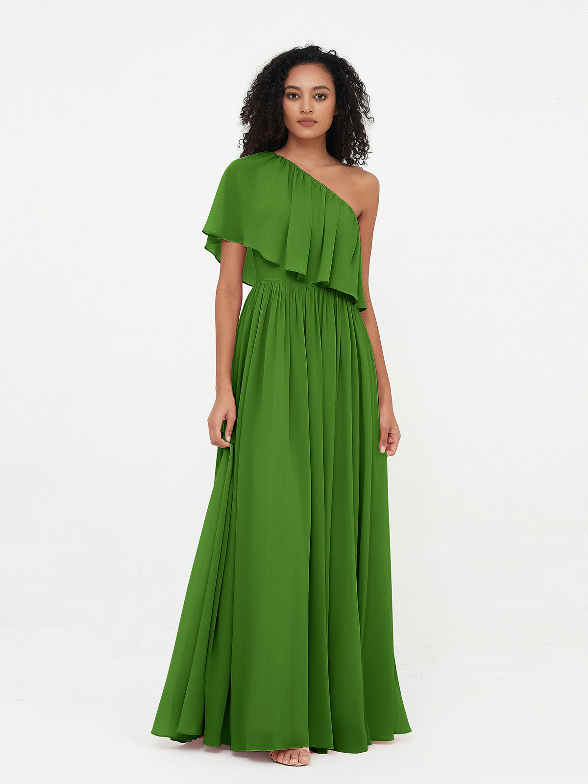 One Shoulder Long Chiffon Dresses with Pockets-Moss
