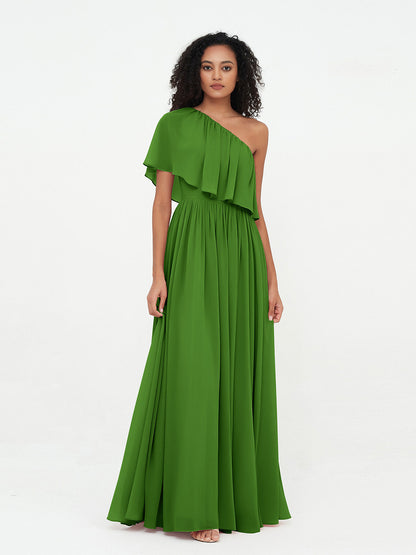 One Shoulder Long Chiffon Dresses with Pockets-Moss