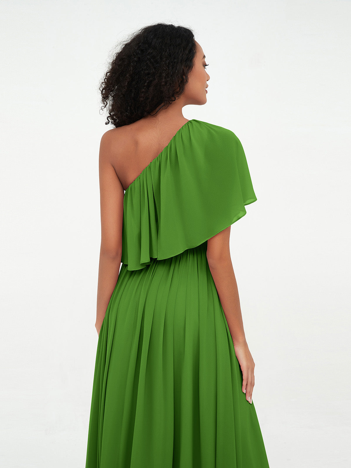 One Shoulder Long Chiffon Dresses with Pockets-Moss