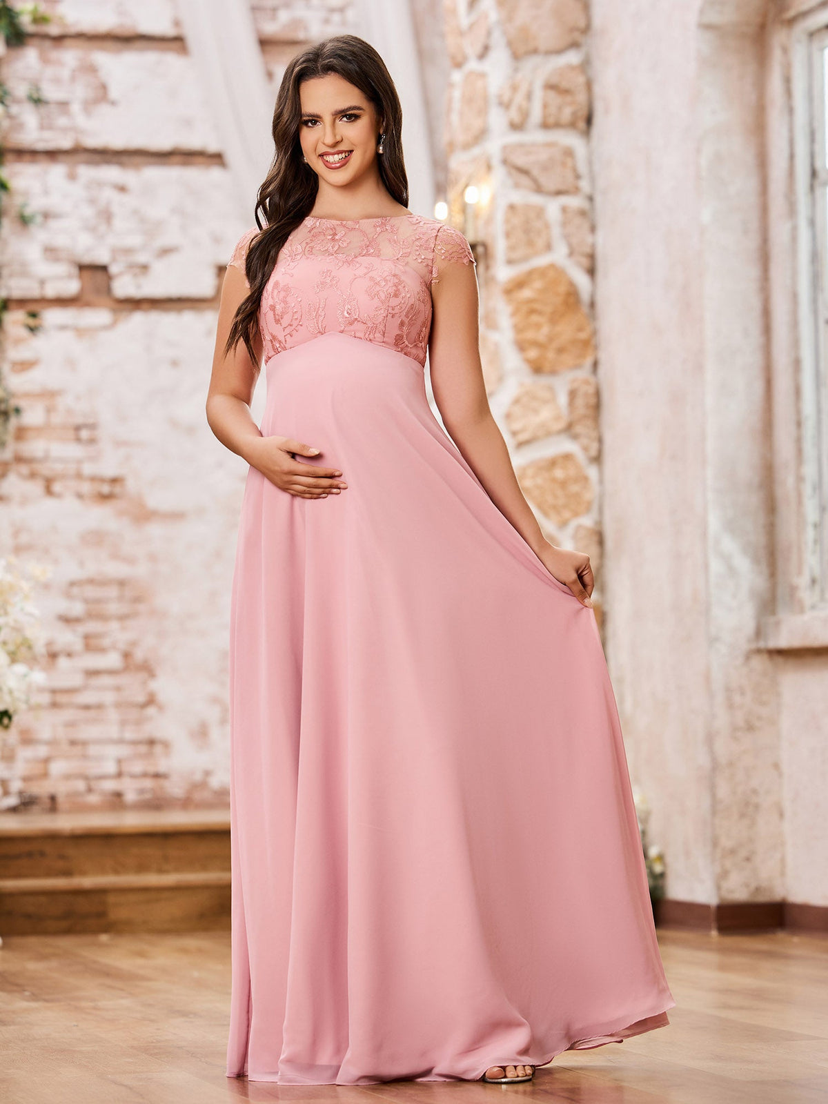 Illusion Neck Lace Top Empire Maxi Maternity Dresses Dusty Rose