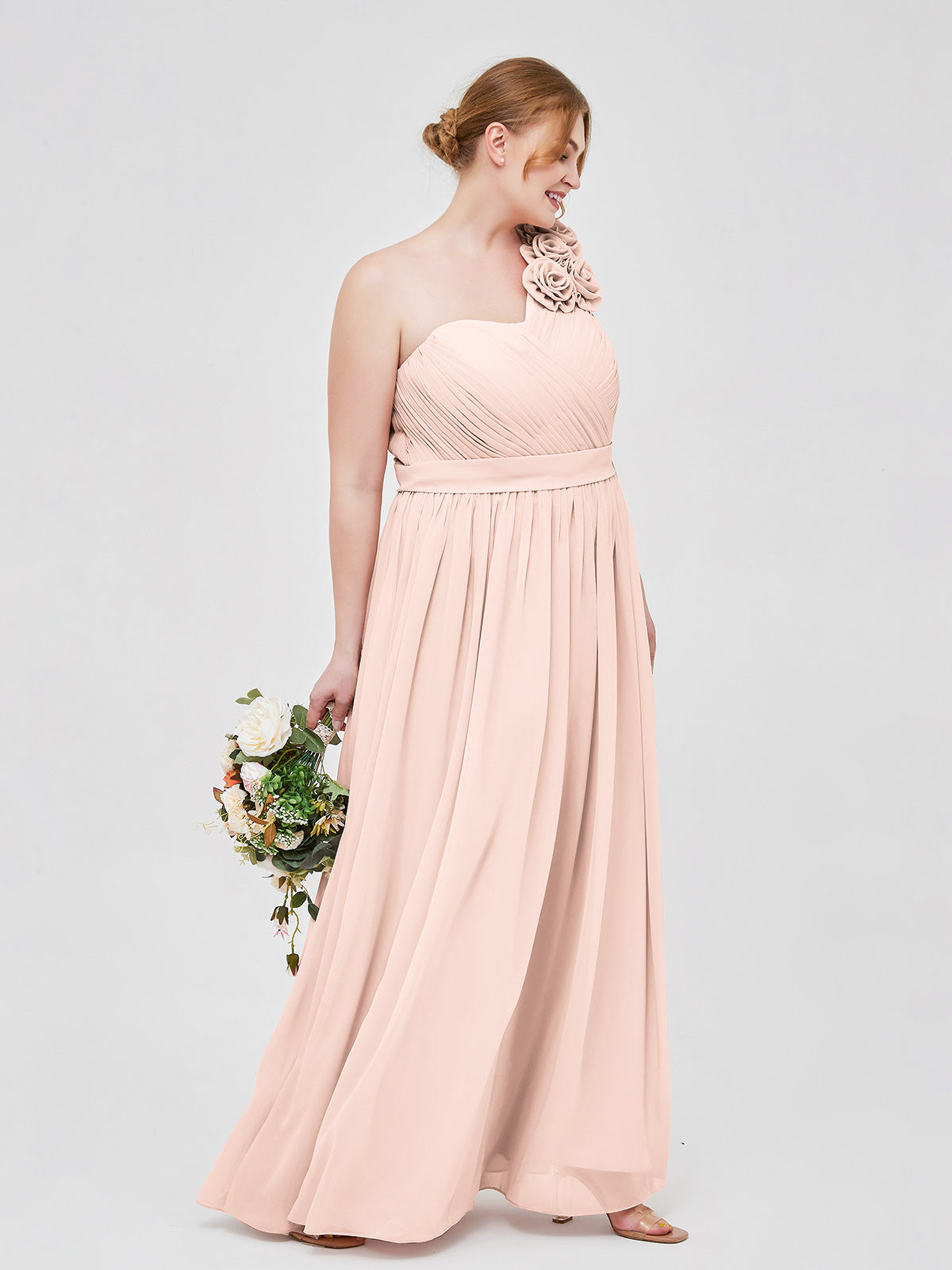 One Shoulder Chiffon Dress with Flowers Strap-Pearl Pink