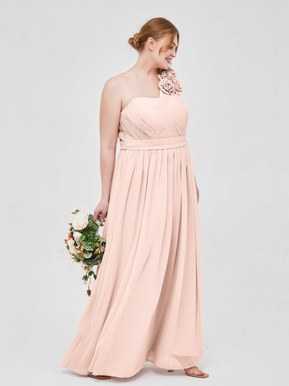 One Shoulder Chiffon Dress with Flowers Strap-Pearl Pink