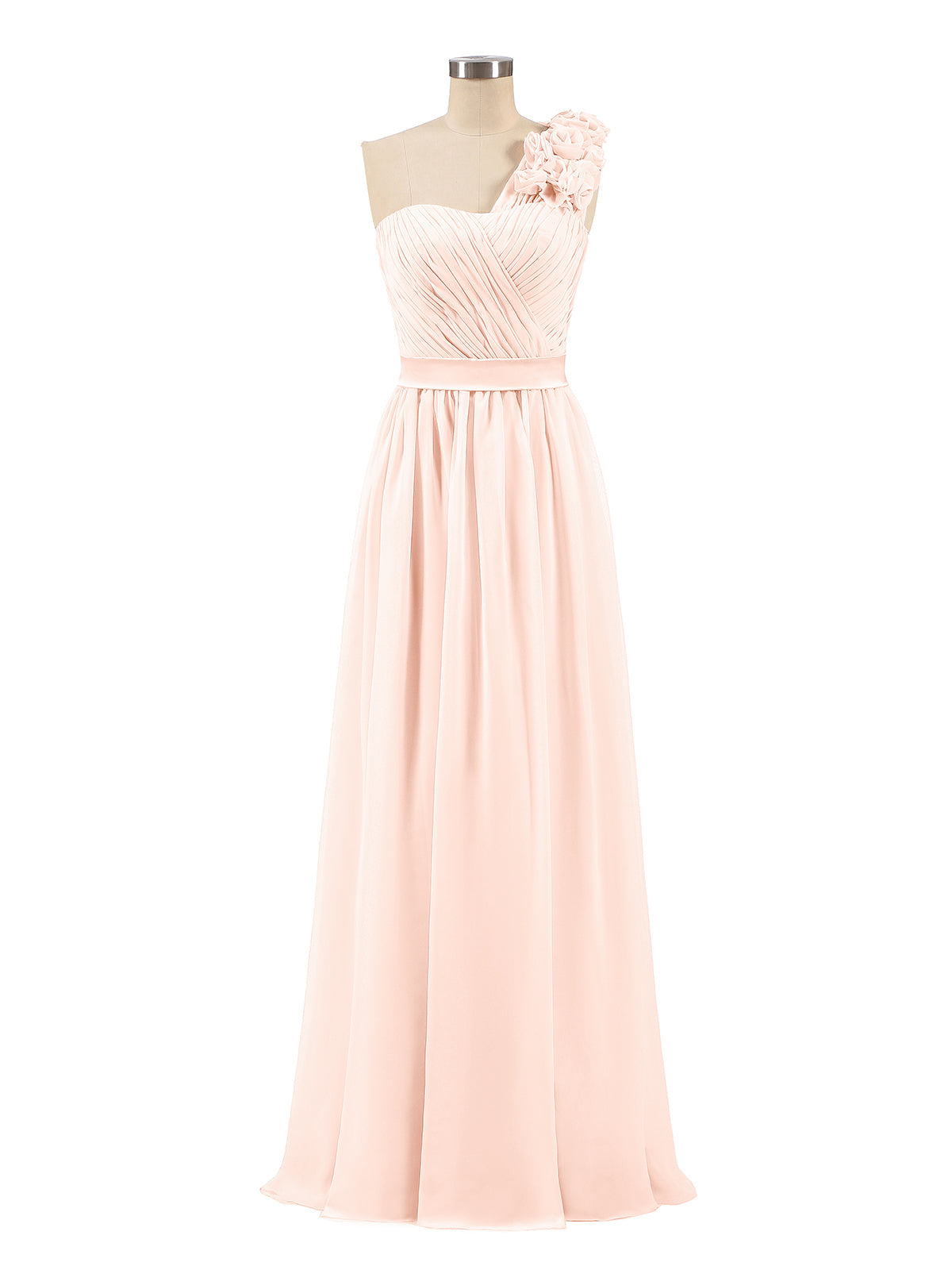 One Shoulder Chiffon Dress with Flowers Strap-Pearl Pink