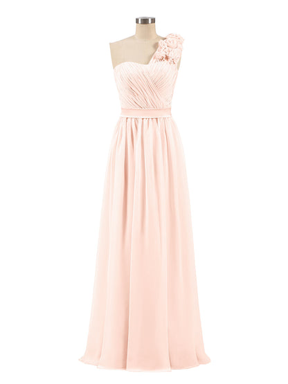 One Shoulder Chiffon Dress with Flowers Strap-Pearl Pink