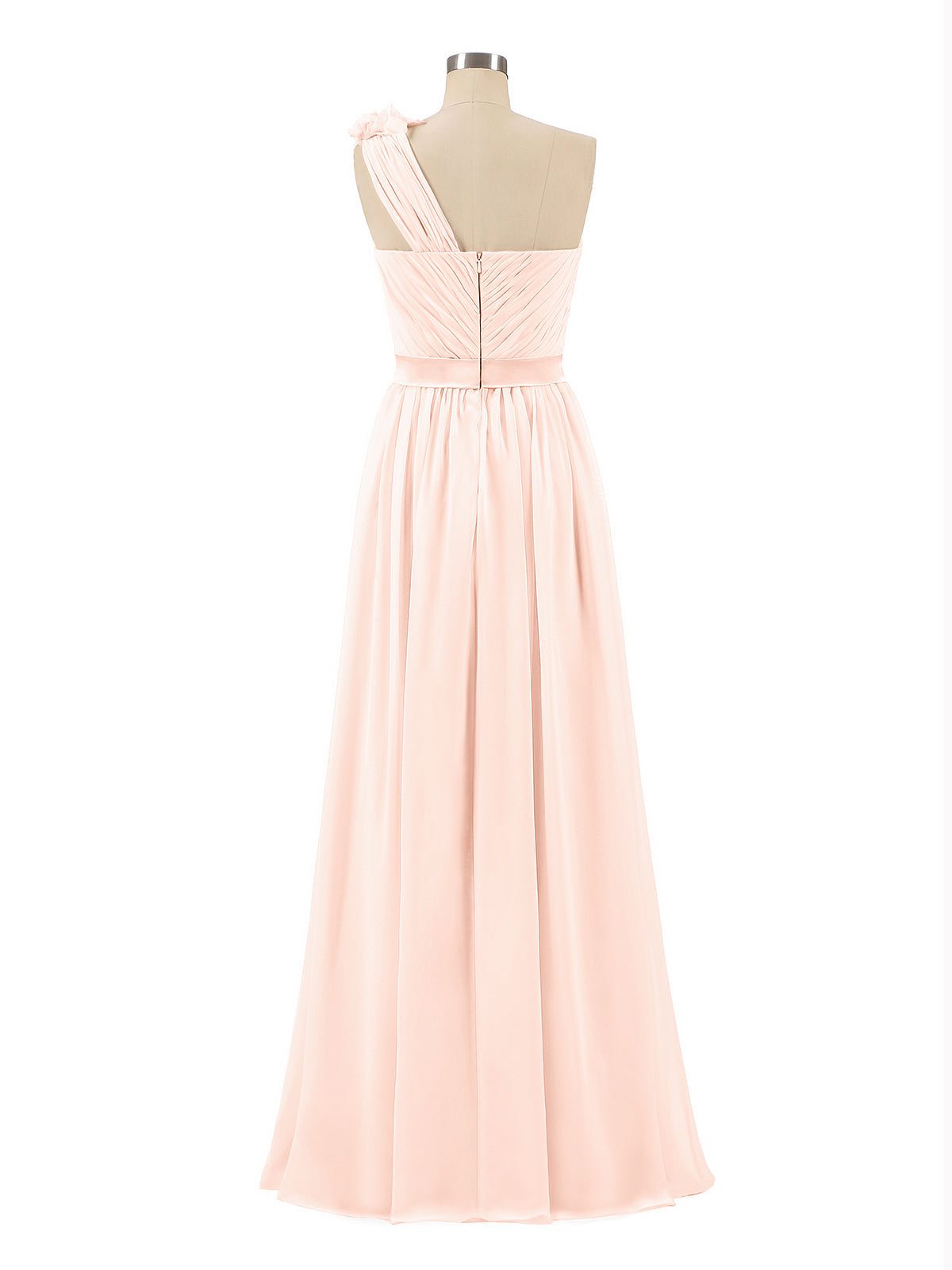 One Shoulder Chiffon Dress with Flowers Strap-Pearl Pink