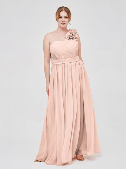 One Shoulder Chiffon Dress with Flowers Strap-Pearl Pink
