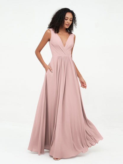 V-neck Chiffon Long Dresses with Pocktes-Dusty Rose