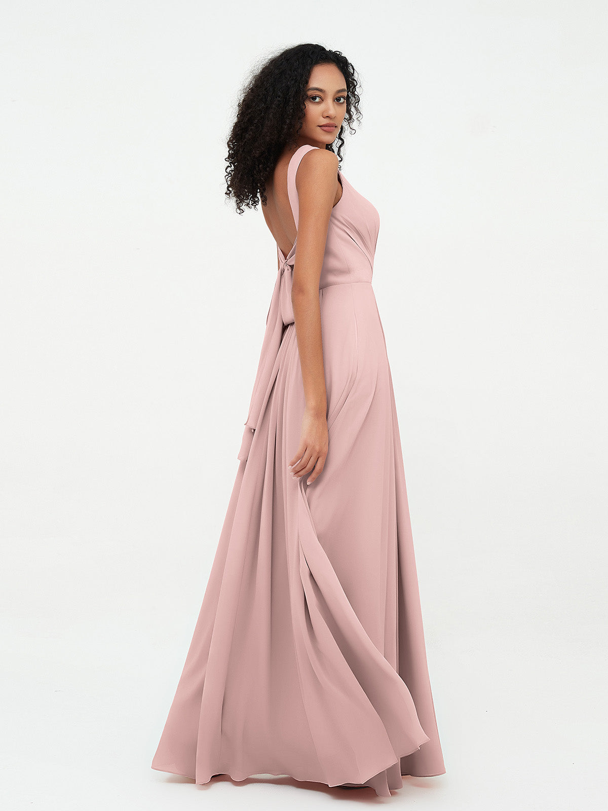V-neck Chiffon Long Dresses with Pocktes-Dusty Rose