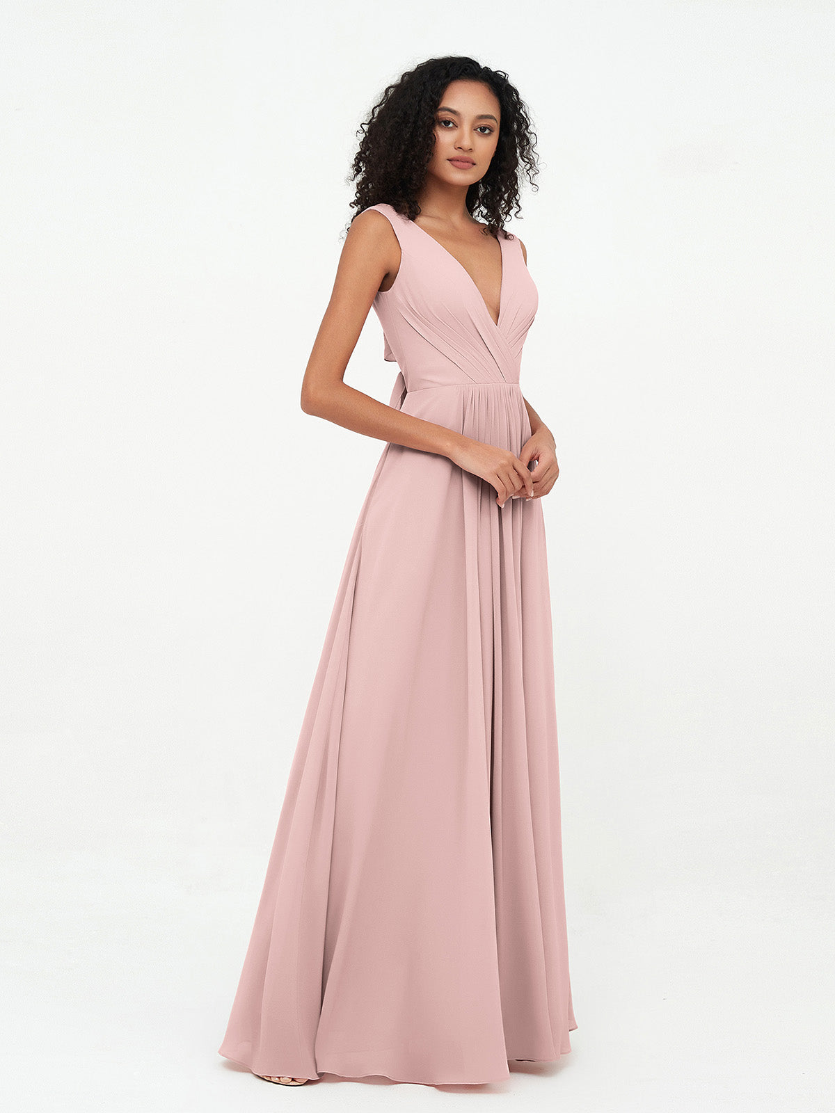 V-neck Chiffon Long Dresses with Pocktes-Dusty Rose