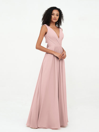 V-neck Chiffon Long Dresses with Pocktes-Dusty Rose