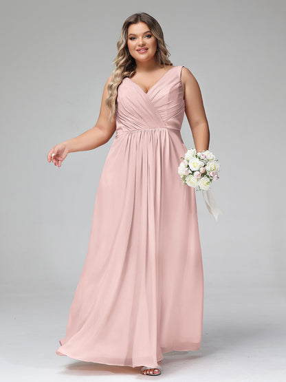 V-neck Chiffon Long Dresses with Pocktes-Dusty Rose