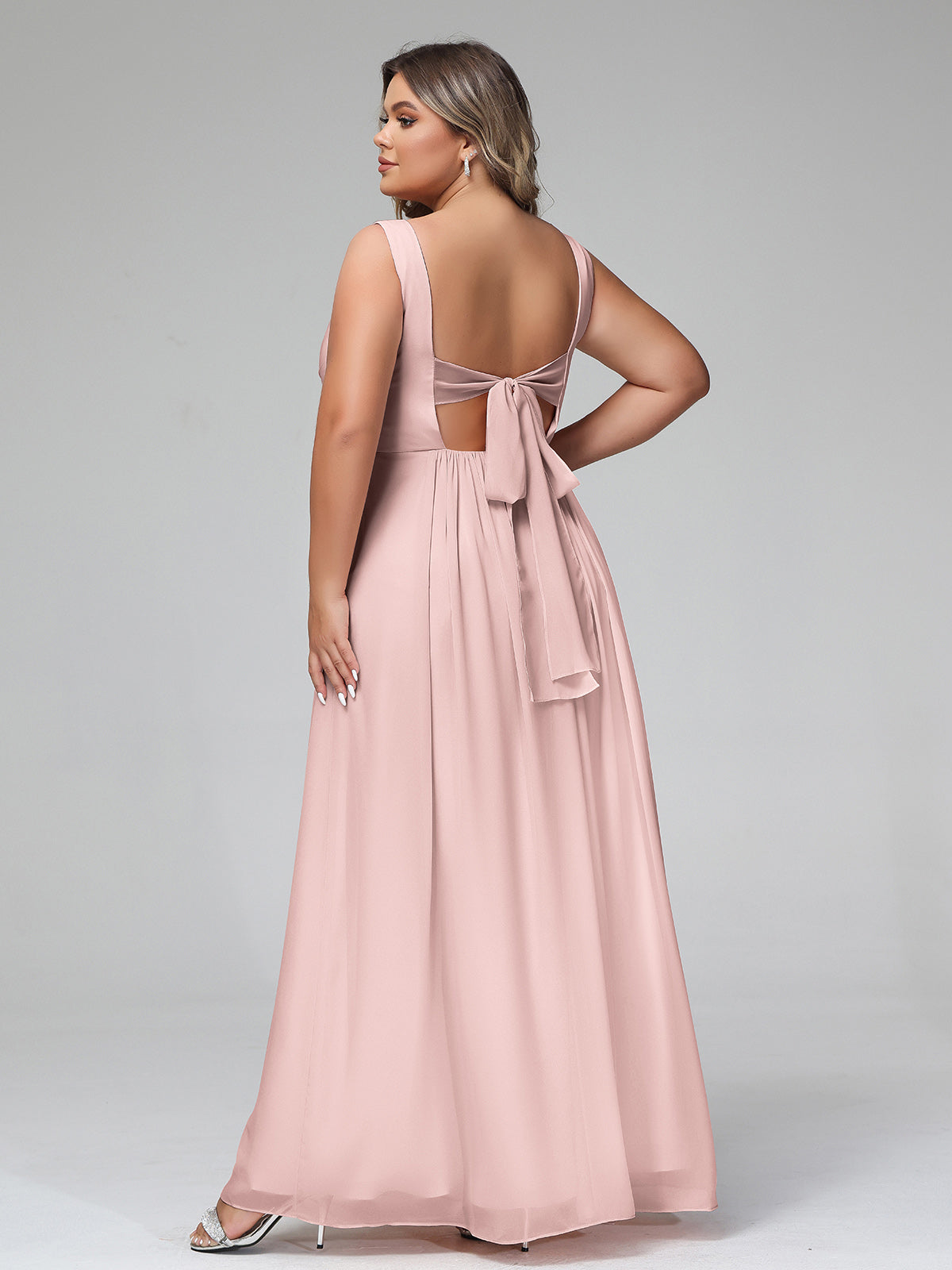 V-neck Chiffon Long Dresses with Pocktes-Dusty Rose