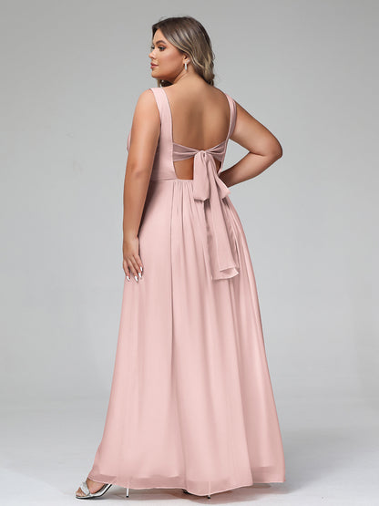 V-neck Chiffon Long Dresses with Pocktes-Dusty Rose