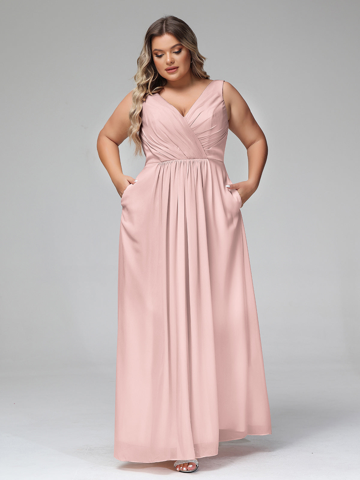 V-neck Chiffon Long Dresses with Pocktes-Dusty Rose