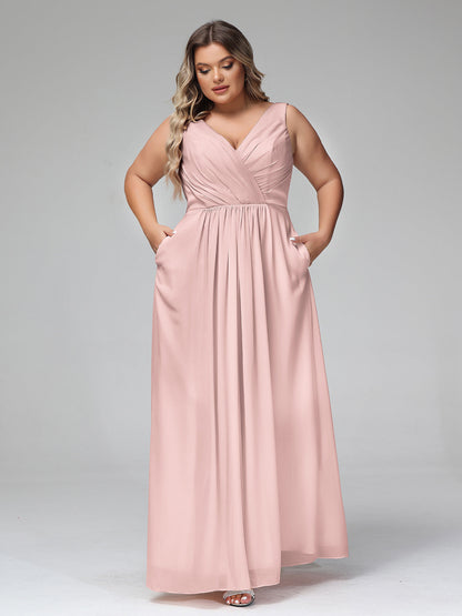 V-neck Chiffon Long Dresses with Pocktes-Dusty Rose