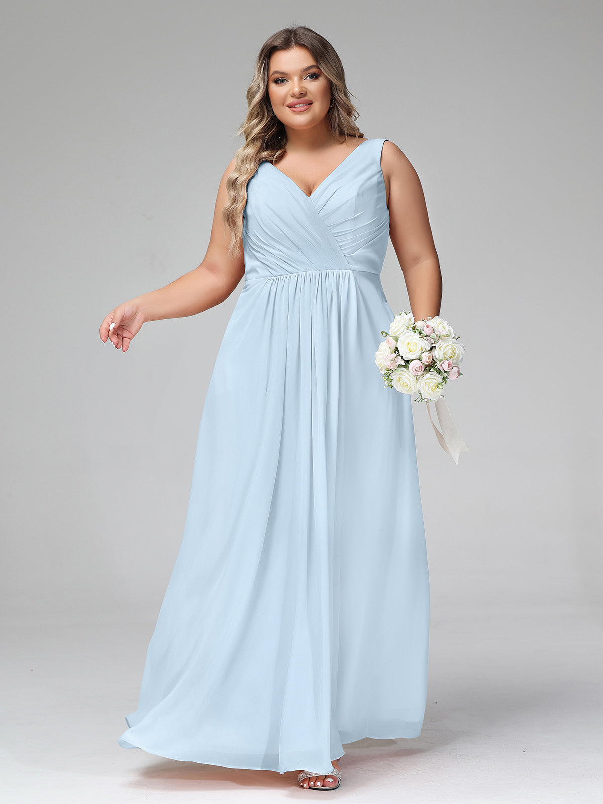 V-neck Chiffon Long Dresses with Pocktes-Sky Blue