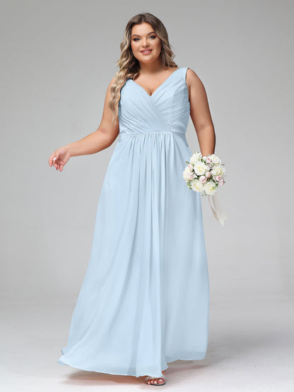V-neck Chiffon Long Dresses with Pocktes-Sky Blue