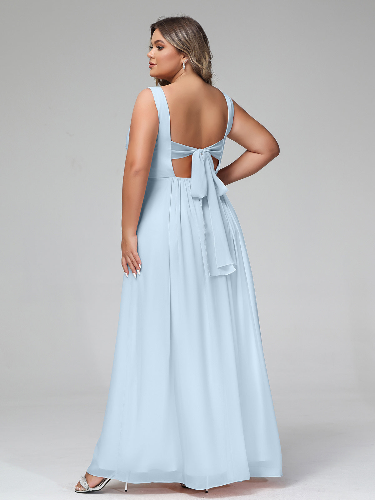 V-neck Chiffon Long Dresses with Pocktes-Sky Blue