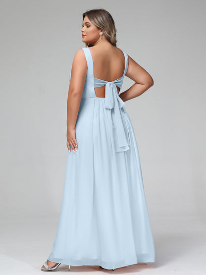 V-neck Chiffon Long Dresses with Pocktes-Sky Blue