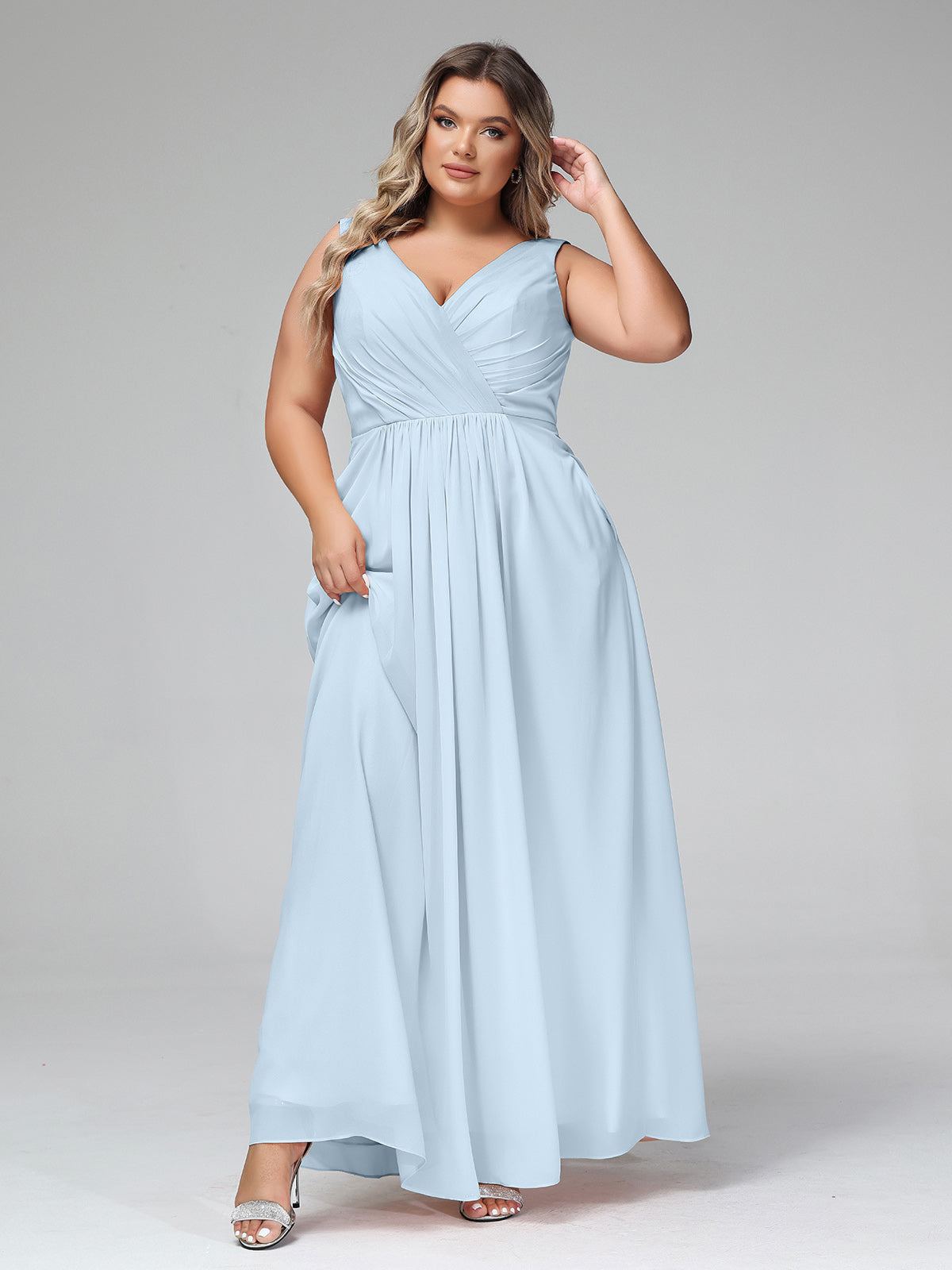 V-neck Chiffon Long Dresses with Pocktes-Sky Blue