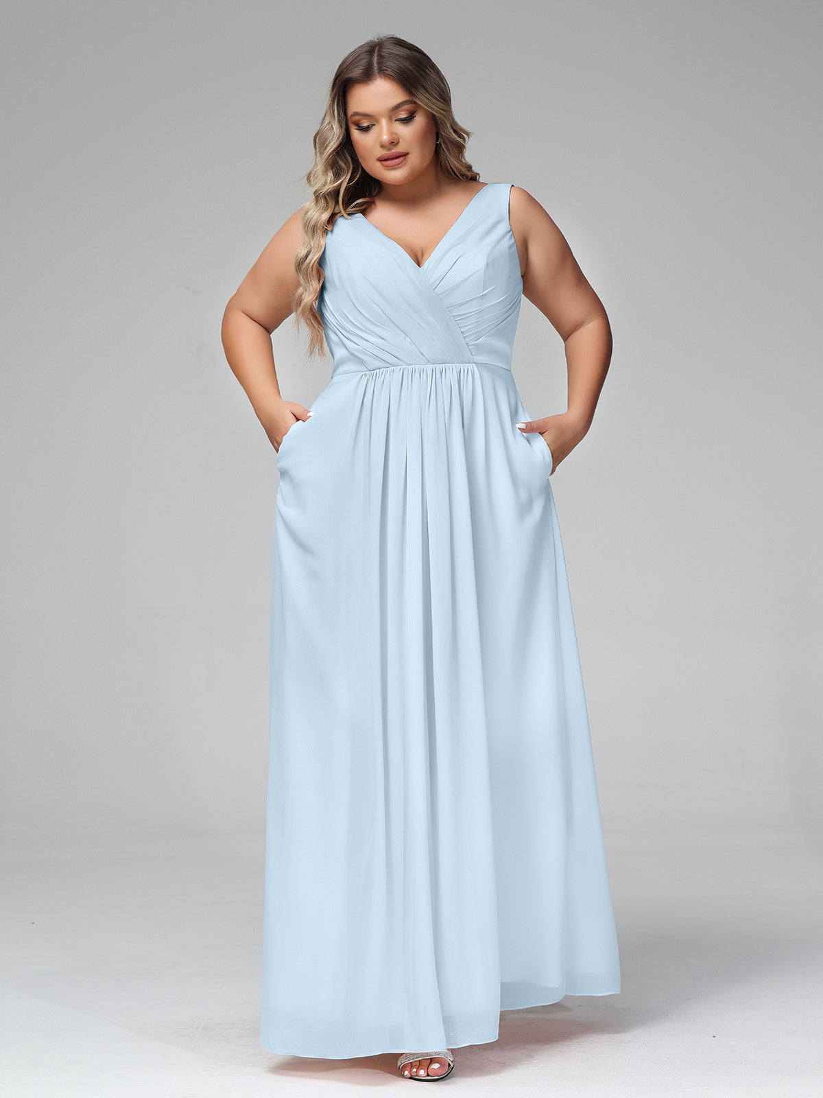 V-neck Chiffon Long Dresses with Pocktes-Sky Blue