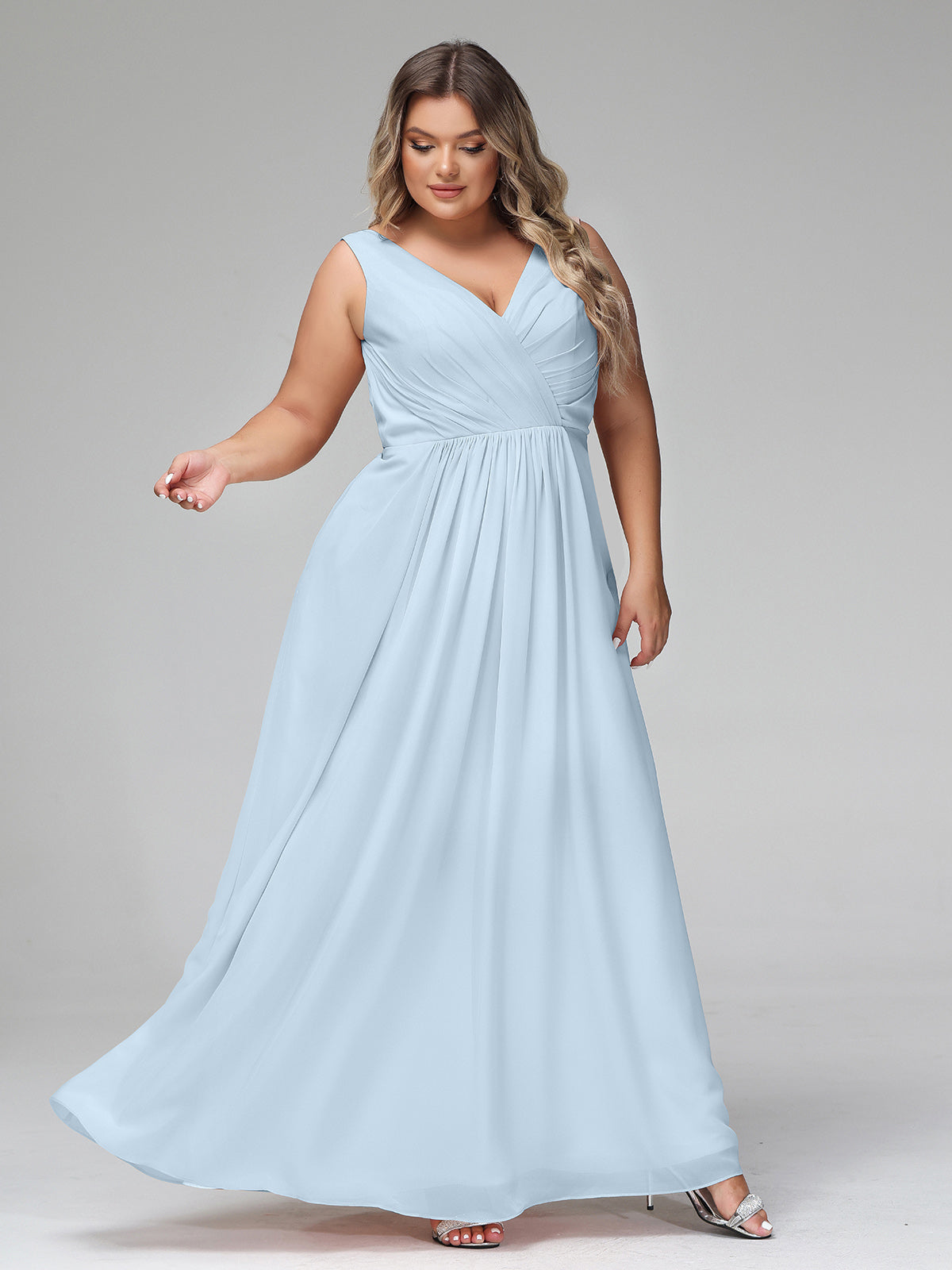 V-neck Chiffon Long Dresses with Pocktes-Sky Blue