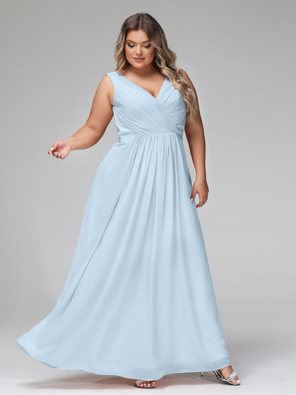 V-neck Chiffon Long Dresses with Pocktes-Sky Blue