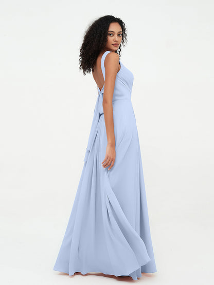 V-neck Chiffon Long Dresses with Pocktes-Sky Blue