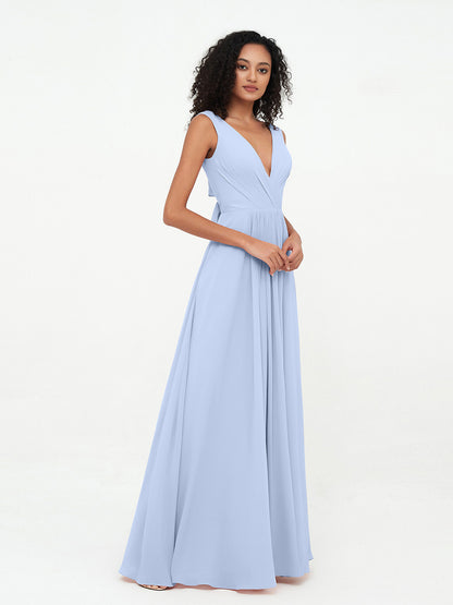 V-neck Chiffon Long Dresses with Pocktes-Sky Blue