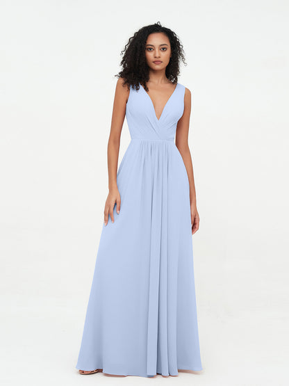 V-neck Chiffon Long Dresses with Pocktes-Sky Blue