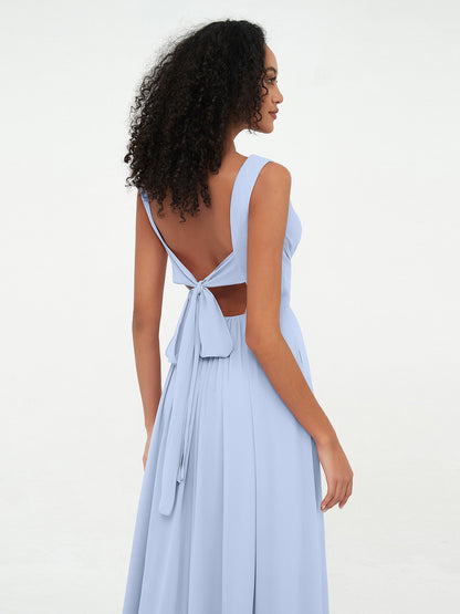 V-neck Chiffon Long Dresses with Pocktes-Sky Blue