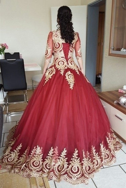 Modest 3/4 Sleeves Burgundy Ball Gowns Wedding Dresses Gold Lace Appliques