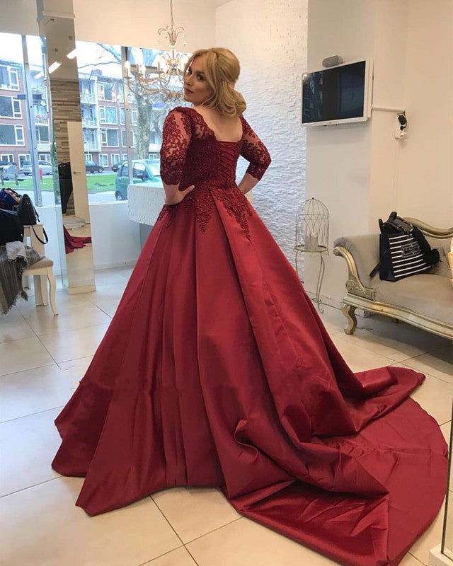 Modest 3/4 Sleeves V-neck Long Satin Wedding Dresses Burgundy Ball Gowns