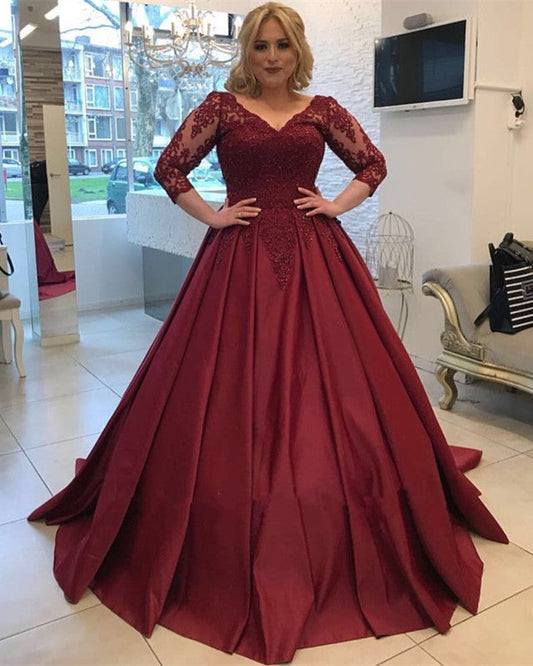 Modest 3/4 Sleeves V-neck Long Satin Wedding Dresses Burgundy Ball Gowns