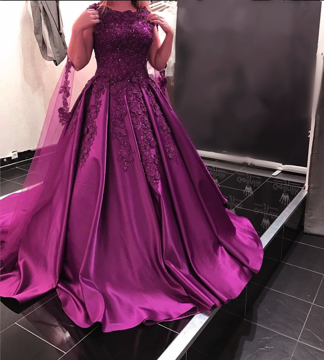 Modest Burgundy Ball Gown Satin Dress Lace Cap Sleeves