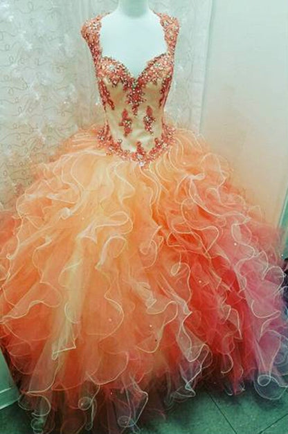 Modest Cap Sleeves Organza Ruffles Ball Gowns Quinceanera Dresses Lace Emboridery