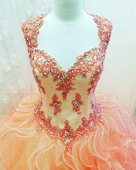 Modest Cap Sleeves Organza Ruffles Ball Gowns Quinceanera Dresses Lace Emboridery