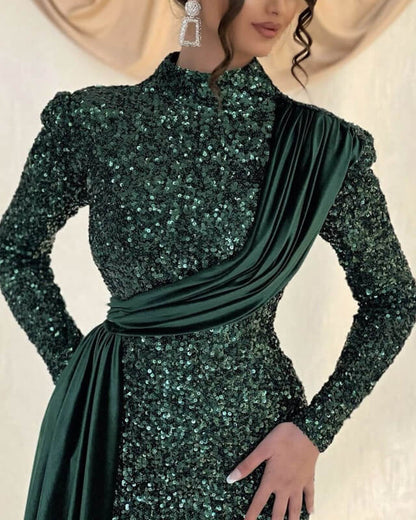 Modest Green Sequin Long Sleeve Mermaid Dress