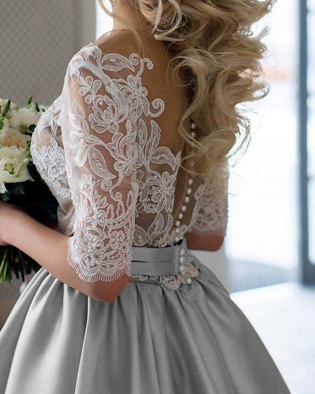 Modest Half Sleeves Lace Appliques Silver Wedding Dresses Satin