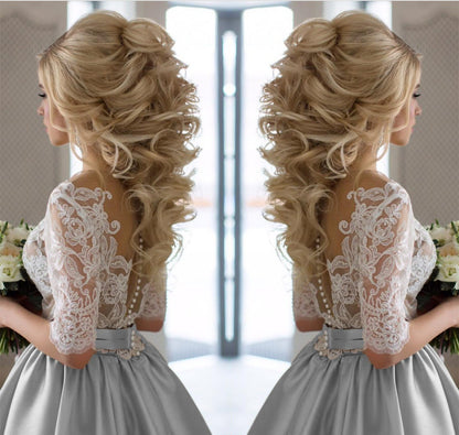 Modest Half Sleeves Lace Appliques Silver Wedding Dresses Satin