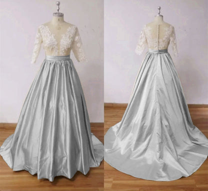 Modest Half Sleeves Lace Appliques Silver Wedding Dresses Satin