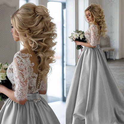 Modest Half Sleeves Lace Appliques Silver Wedding Dresses Satin