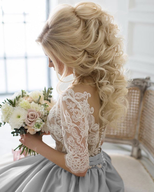 Modest Half Sleeves Lace Appliques Silver Wedding Dresses Satin