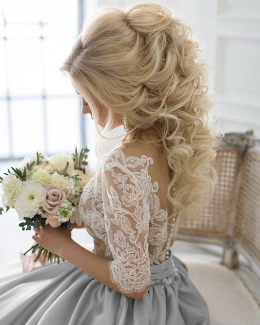 Modest Half Sleeves Lace Appliques Silver Wedding Dresses Satin